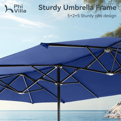 PHI VILLA 8 PCS Patio Dining Set with 13ft Large Patio Umbrella(Haze Blue), 6 Outdoor Swivel Chairs & 1 Rectangle Metal Table for 6 Person, Patio Dining Fruniture Set for Deck Garden(No Umbrella Base)