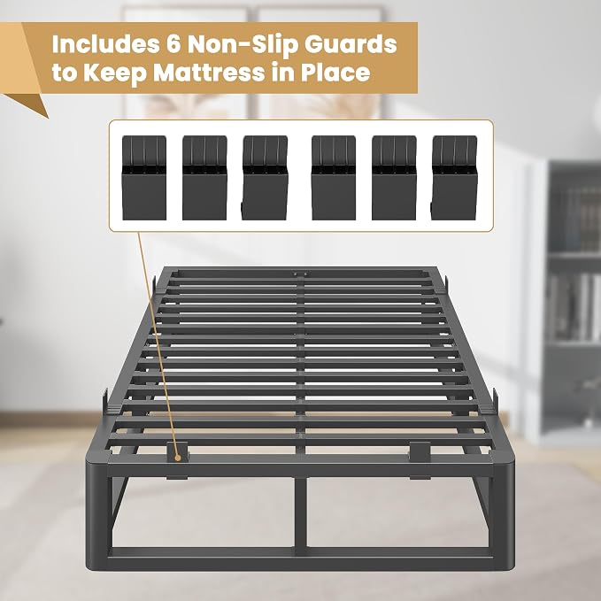 14 Inch Full Size Bed Frame with Rounded Corner and Headboard Hole, Metal Platform Bed Frames 6 Non-Slip Guards, 3500lbs Heavy Duty Steel Slat Support, Squeak Free, No Box Spring Needed, Black