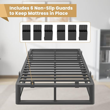 14 Inch Full Size Bed Frame with Rounded Corner and Headboard Hole, Metal Platform Bed Frames 6 Non-Slip Guards, 3500lbs Heavy Duty Steel Slat Support, Squeak Free, No Box Spring Needed, Black
