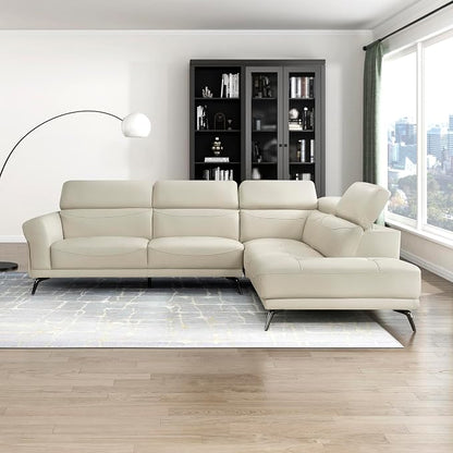Lexicon L-Shaped Sectional Couch with Right Chaise, Top Grain Leather Match Sectional Sofa, Adjustable Headrests, Black Chrome Metal Legs, High-Density Cushions, Stitching, for Living Room, Beige