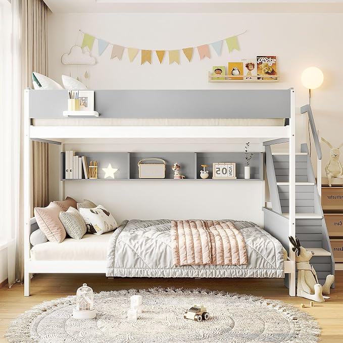 Wood Bunk Bed Twin Over Full with Staircase and Side Shelves | Striped-Design Staircase, Built-In Light Strip, Space-Saving Design, Kids Teens Adults, Versatile Bed Frame