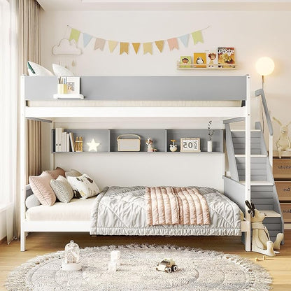 Wood Bunk Bed Twin Over Full with Staircase and Side Shelves | Striped-Design Staircase, Built-In Light Strip, Space-Saving Design, Kids Teens Adults, Versatile Bed Frame