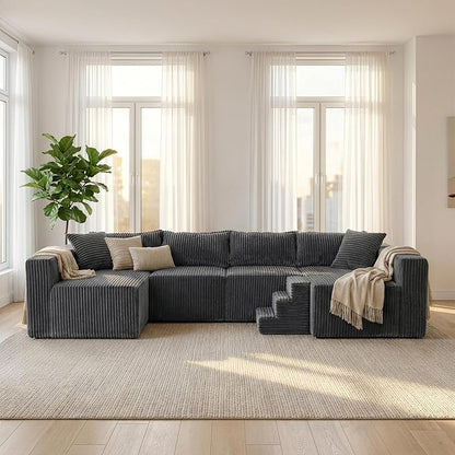 Claiks 128" Modular U Shaped Couch, Sectional Deep Seat Sofa with Pet Stair, Dark Grey