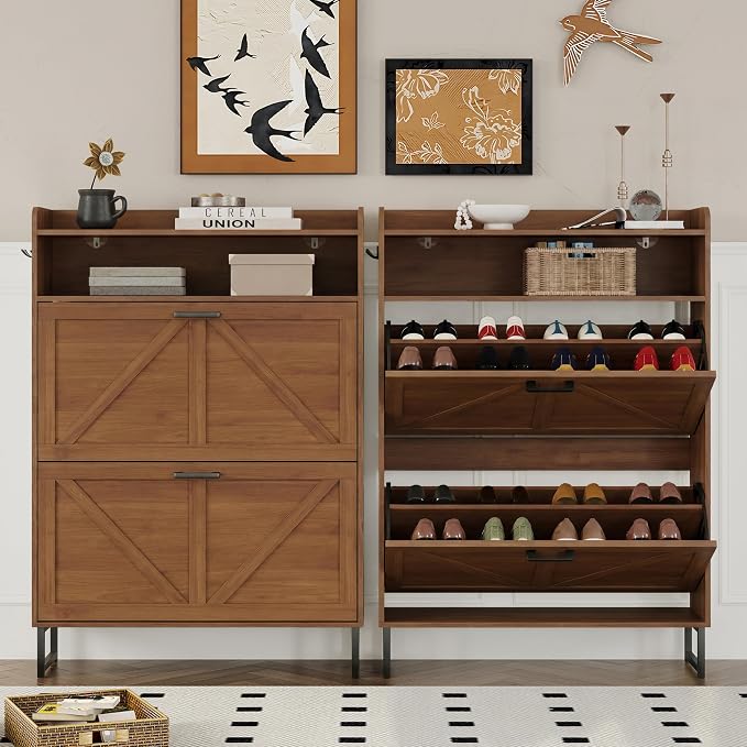BORNOON Shoe Cabinet with 2 Flip Drawers Narrow Shoe Storage Cabinet Organizer Wooden Freestanding Rack Hidden Slim Storage for Entryway, Hallway, Living Room, Bedroom