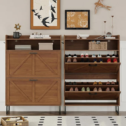 BORNOON Shoe Cabinet with 2 Flip Drawers Narrow Shoe Storage Cabinet Organizer Wooden Freestanding Rack Hidden Slim Storage for Entryway, Hallway, Living Room, Bedroom