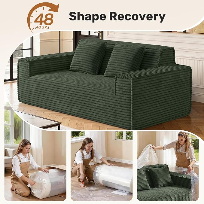 75'' Modern Cloud Loveseat Sofa Set of 2, No Assembly Required Comfy Deep Seat Couches 2 pcs for Living Room, Bedroom, Apartment (Corduroy-Green)