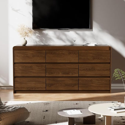 Oransail 9 Drawer Dresser, 63" Wide Walnut Dresser Chest of Drawers, Curved Anti-Collision & Anti-Tipping Design, Mid Century Modern Wooden Dresser for Bedroom, Living Room, TV Stand