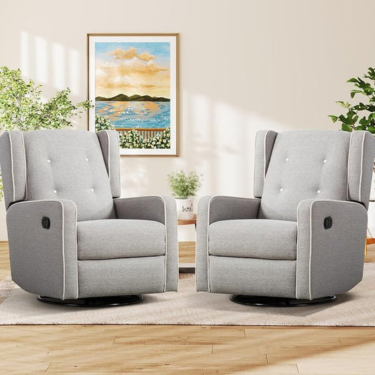 CANMOV Swivel Rocker Recliner Chair Set of 2, Nursery Glider Chair, Nursery Rocking Chairs, Manual Reclining Chair, Grey