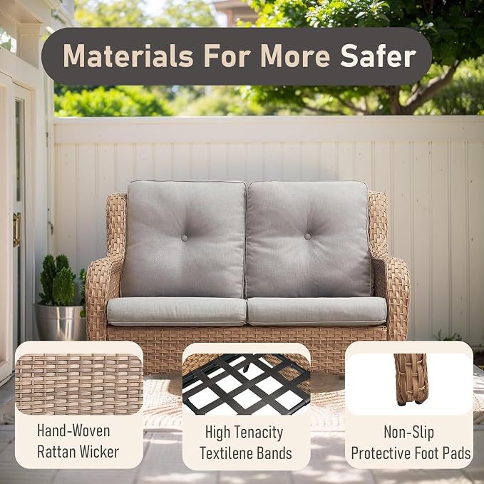 Outdoor Loveseat Sofa - 3 Piece Patio Furniture with Ottoman Deep Seating Patio Couch for Porch Deck Garden Backyard - Yellow/Beige