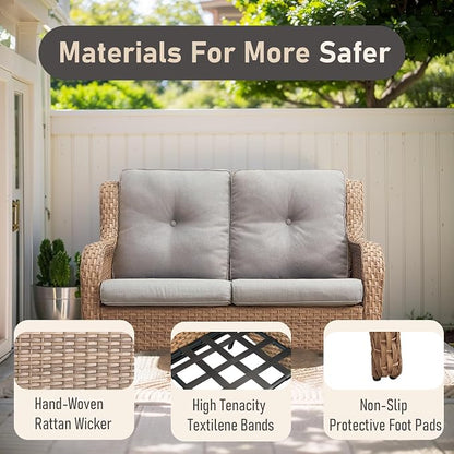 Outdoor Loveseat Sofa - 3 Piece Patio Furniture with Ottoman Deep Seating Patio Couch for Porch Deck Garden Backyard - Yellow/Beige
