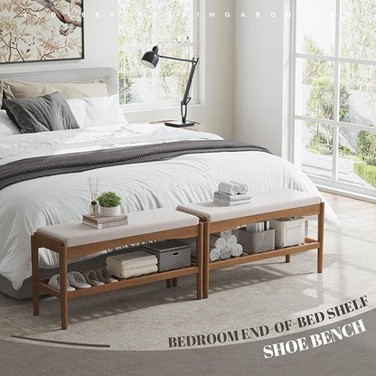 STDDRE Shoe Bench Entryway Bamboo 2-Tier Shoe Rack with Cushion Padded Seat Shoe Bench Organizer Stable for Entry, Hallway, Living Room, Bedroom, Closet (31.5 * 11.4 * 16.5IN, Brown-Beige)