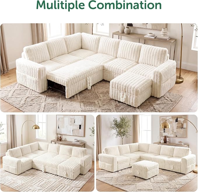 HONBAY Plush Corduroy Modular Sectional Sofa with Pull Out Bed, Convertible U Shaped Couch with Storage,Sleeper Sectional Couches for Living Room,Plush Beige