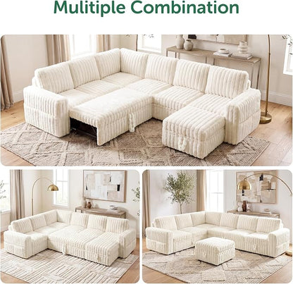 HONBAY Plush Corduroy Modular Sectional Sofa with Pull Out Bed, Convertible U Shaped Couch with Storage,Sleeper Sectional Couches for Living Room,Plush Beige