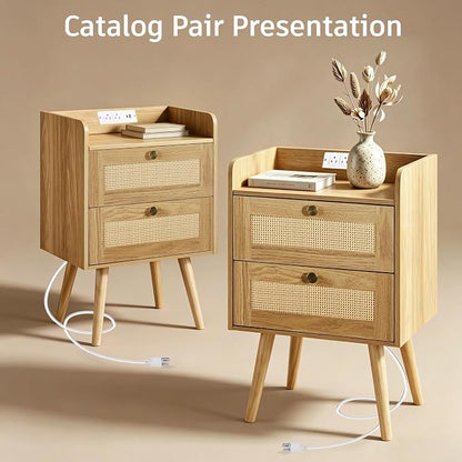 Nightstand with Charging Station, 2 Drawers, Boho Style Rattan Decor Bedside Table, Solid Wood Legs, Open Storage End Table for Bedroom, Small Spaces and Dorm, Natural