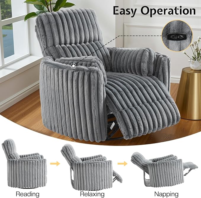Jocisland Power Recliner Nursery Chair for Adults, Electric Swivel Rocking Glider with USB & Type-C Charge, Plush Corduroy Armchair with 2 Pillows, Cozy Reclining Sofa for Living Room, Bedroom, Grey