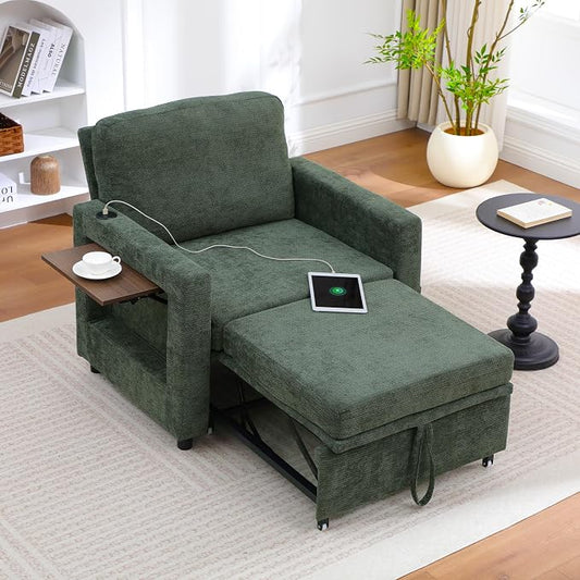 3 in 1 Folding Convertible Sleeper Sofa Bed Pull Out Couch with Side Pockets USB Port Side Table Single Sofa Bed with Adjustable Backrest for Living Room Bedroom 66" DarkGreen 1 SEAT
