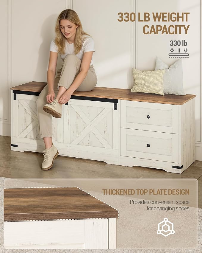 Hzuaneri Storage Chest, 58" Extra Large Storage Bench with Double Drawers, Farmhouse Style Wooden Chest Bench with Barn Door, Large Trunk for Living Room, Bedroom, or Entryway, Antique White SB15114X