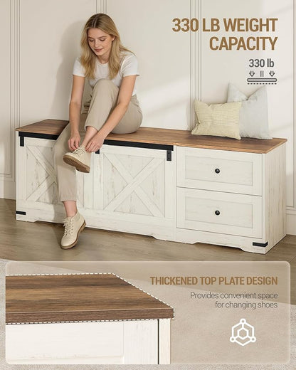 Hzuaneri Storage Chest, 58" Extra Large Storage Bench with Double Drawers, Farmhouse Style Wooden Chest Bench with Barn Door, Large Trunk for Living Room, Bedroom, or Entryway, Antique White SB15114X