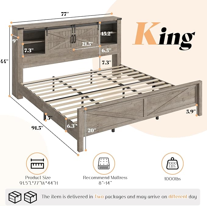 AMERLIFE 3-Piece Farmhouse Bedroom Set, King Size Bed with Sliding Barn Doors & Bookcase Headboard, 5-Drawer Tall Dresser, 4-Drawer Wide Dresser, Light Rustic Oak