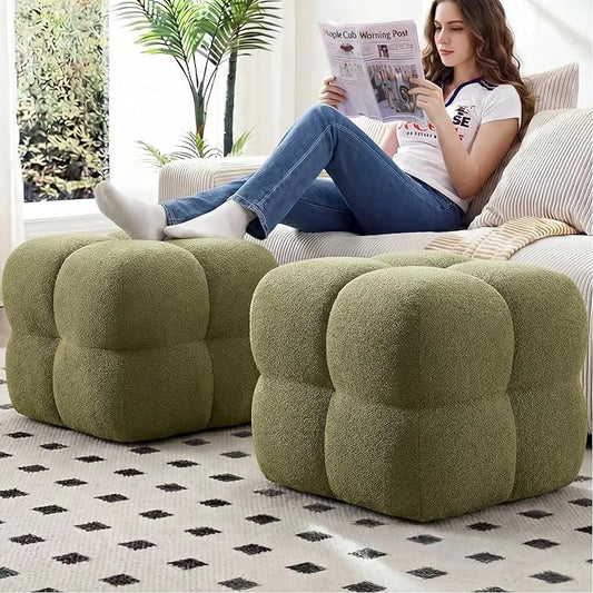 Zesthouse Square Pouf Ottomans Footstool Set of 2, Upholstered Poofy Ottoman for Couch Sofa, Modern Vanity Chair Backless for Living Room, Green Boucle Stool Foot Rest, Fabric Ottoman Coffee Table