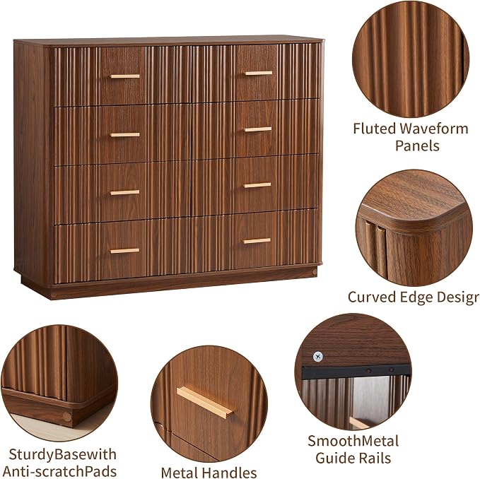 Fluted Dresser for Bedroom with 8 Drawers, 47" Wide Mid Century Modern Chest of Drawers, Wooden Dresser TV Stand, Wood Closet Clothes Storage Organizer for Living Room Hallway, Walnut