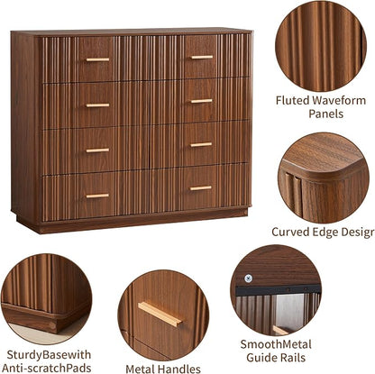 Fluted Dresser for Bedroom with 8 Drawers, 47" Wide Mid Century Modern Chest of Drawers, Wooden Dresser TV Stand, Wood Closet Clothes Storage Organizer for Living Room Hallway, Walnut