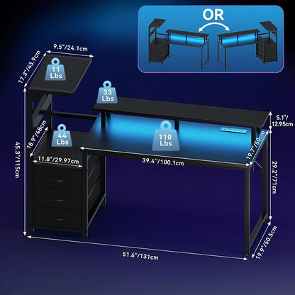 DUMOS 52” Gaming Desk with USB Charging Ports & LED Lights, Reversible Computer Desk with Drawers, PC Desk for Home Office Small Space, Gaming Table Fits PC Towers, Black