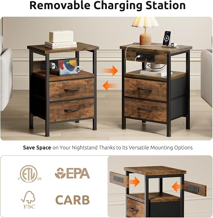 Lazzanto NightStand Bedside Charging Table Bedroom - Brown Night Stand with Charger Station, Modern Bed Side End Table with Open Shelf & 2 Fabric Drawers, USB-C Port for Dorm, Living Room