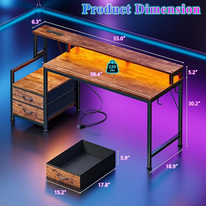 Furologee 55" Gaming Desk with LED Lights & USB-C Port, Reversible Computer Desk with Monitor Stand, Storage Shelves & 2 Fabric Drawers, Home Office Desk with Power Outlets & Hooks, Rustic Brown