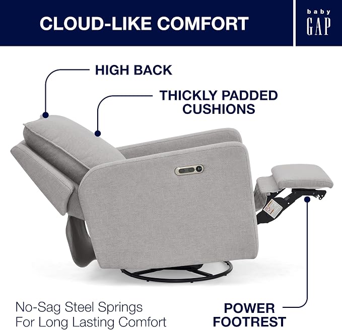 babyGap Harlowe Power Recliner with USB-A & Charging Port by Delta Children - Greenguard Gold Certified – Stain-Resistant Performance Fabric is Oeko-TEX Standard 100 Certified, Ash
