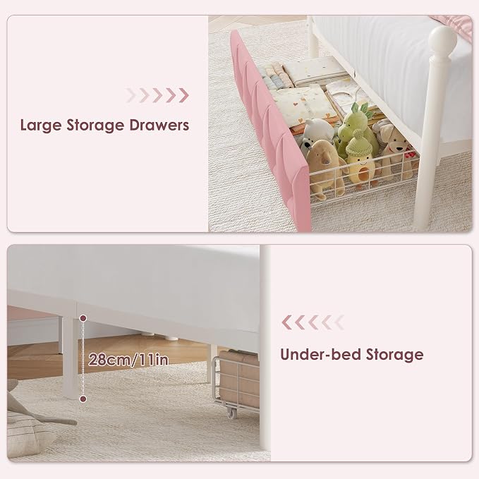 Keyluv Twin Size Upholstered LED Canopy Bed Frame with Charging Station and Drawer, Button Tufted Crown Headboard with Storage Shelf, Two-Purpose Removable Four Poster Design Platform Bed, Pink