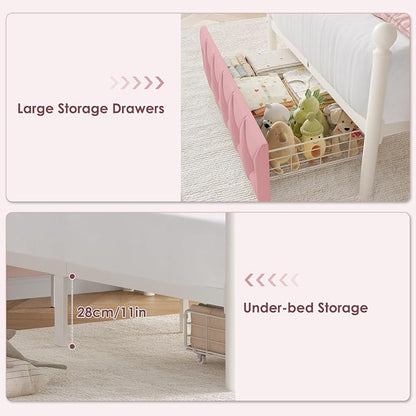 Keyluv Twin Size Upholstered LED Canopy Bed Frame with Charging Station and Drawer, Button Tufted Crown Headboard with Storage Shelf, Two-Purpose Removable Four Poster Design Platform Bed, Pink