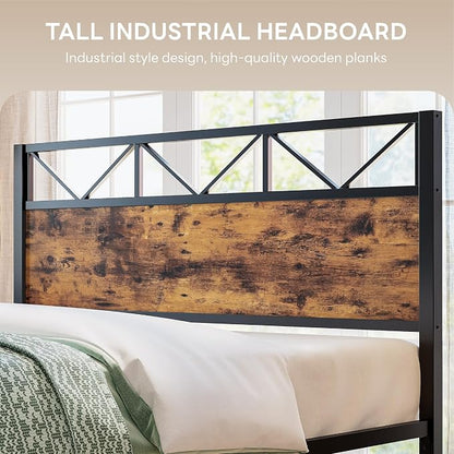 LIKIMIO California King Bed Frame, Tall Industrial Headboard 51.1 ", Platform Bed Frame with Strong Metal Support, Solid and Stable, Noise Free, No Box Spring Needed, Easy Assembly, Vintage Brown
