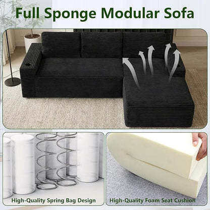 104.3" Modular Sectional Sofa,Modern Corduroy Cloud Couch with Cup Holder & Side Pockets,Boneless Couch Upholstered 4-Seater L-Shaped Sofa for Living Room,No Assembly (Black, Right-Facing Chaise) | with Cup Holder