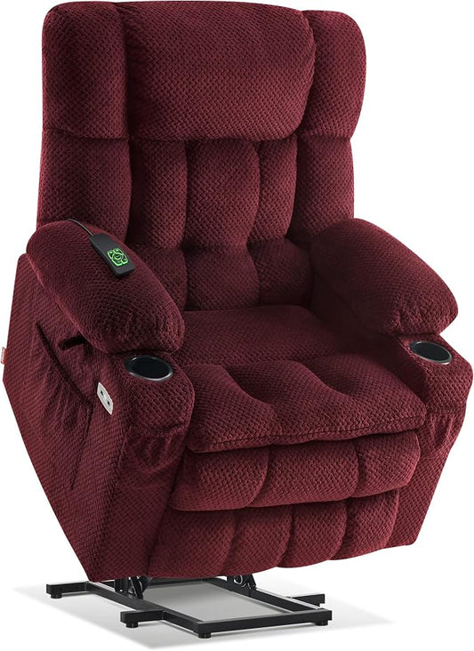 MCombo Dual Motor Power Lift Recliner Chair with Massage and Heat for Elderly People, Infinite Position, USB Ports, Cup Holders, Fabric 7890 (Medium, Burgundy)