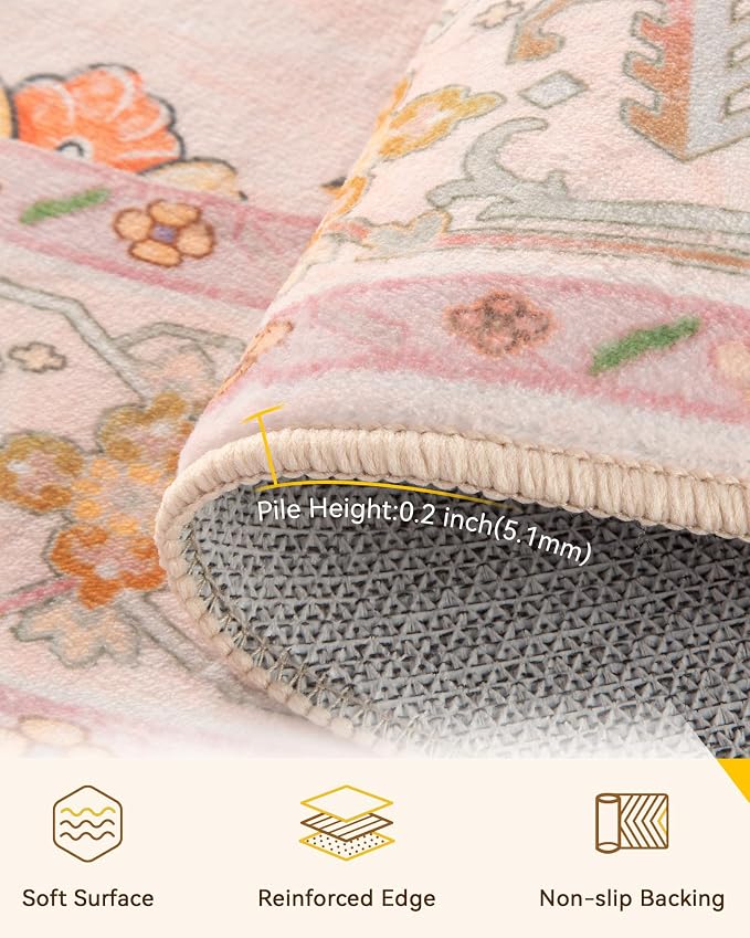 RELEANY Area Rugs Round 10ft Washable Non-Slip, Floral Vintage Distress Medallion Carpet for Living Room Bedroom Dining Room, Light Pink Colorful