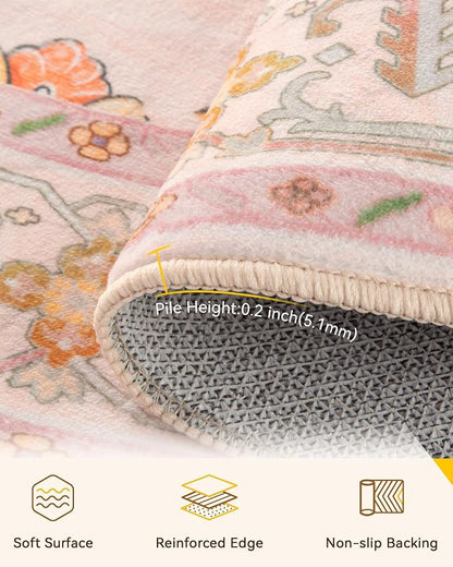 RELEANY Area Rugs Round 10ft Washable Non-Slip, Floral Vintage Distress Medallion Carpet for Living Room Bedroom Dining Room, Light Pink Colorful