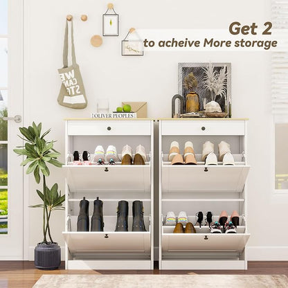 FTZxHKLX Shoe Cabinet with 2 Flip Drawers, Slim Wooden Hidden Shoe Organizer with Drawer, Pet-Proof Narrow Shoe Storage Cabinet for Entryway Living Room Behind The Door