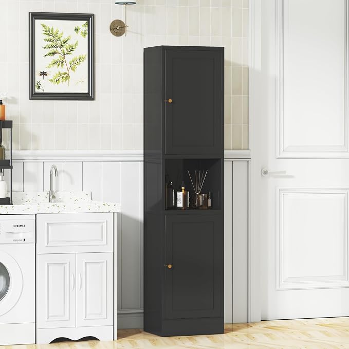 69" Tall Metal Pantry Cabinet with Microwave Stand,Microwave Storage Cabinet with 2 Doors & 3 Adjustable Shelves for Kitchen (2doors-Black, 11.81" D x 15.75" W x 66.93" H)