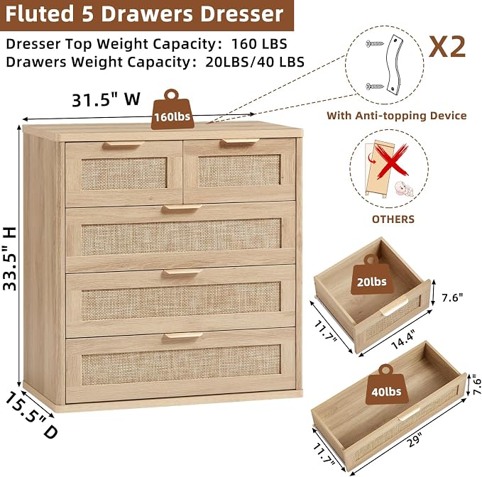 LEYAOYAO Rattan Dresser for Bedroom, 33.5" Tall Chest of Drawers, Modern 5 Drawers Boho Dressers with Storage, Light Oak Dresser Wooden Closet Organizer for Living Room, Hallway, Natural Wood