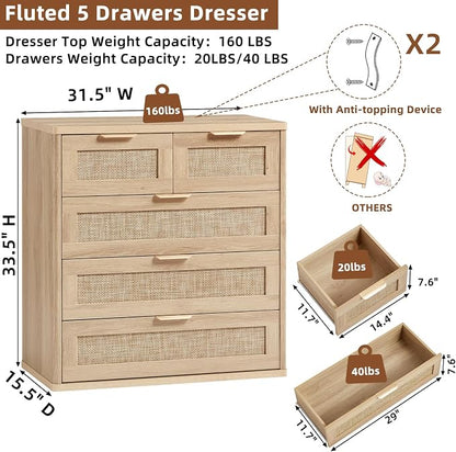 LEYAOYAO Rattan Dresser for Bedroom, 33.5" Tall Chest of Drawers, Modern 5 Drawers Boho Dressers with Storage, Light Oak Dresser Wooden Closet Organizer for Living Room, Hallway, Natural Wood