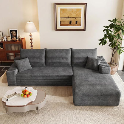 95" Cloud Sectional Couch with L-Shape Chaise, Modular Comfy Sofa Chaise Longue, Upholstered Corduroy Couches Sleeper with Deep Seat for Living Room Bedroom, No Assembly Required(Grey, Right Facing)