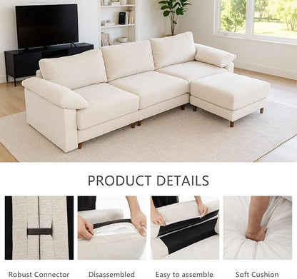 Oversized Modular Cloud Couch with Removable Washable Cover, L -Shaped Sectional for Large Living Room, Plush Chenille & Deep Seat（Beige）