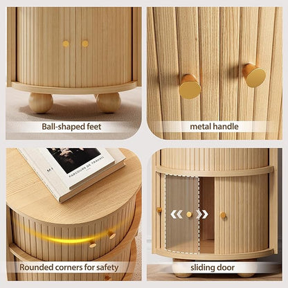 Round Nightstand with Sliding Doors and 2 Storage Shelves, Modern Bedside End Table, Suitable for the Bedroom (Oak)