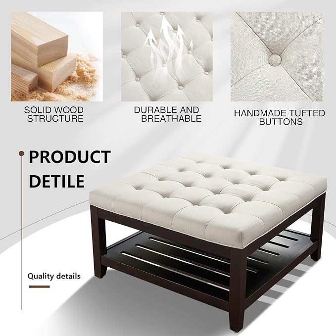 adochr 33'' Large Square Ottoman Coffee Table with Storage, Upholstered Button Tufted Footrest Ottoman with Solid Wooden Tray,Coffee Table for Living Room, Beige