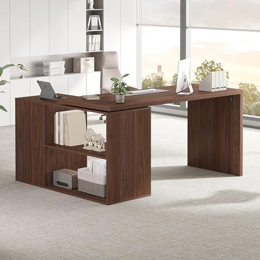 HSH L Shaped Office Desk with Drawers Shelves 55-76 Inch, Corner Computer Desk with Storage 360 Rotating Long for Work, Executive, Study, Writing, Teacher, Bedroom Modern Gaming Table, Walnut