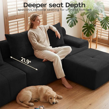 118" Sectional Boneless Oversize Modular Couches, Curved Cloud Sectional Sofa for Living Room, Corduroy L Shape Deep Seat Sofa with Ottoman & 3 Throw Pillows, No Assembly Required,Black
