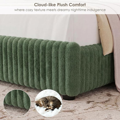 Keyluv King Bed Frame with 54.3” Tall Faux-Fur Wingback Headboard, Upholstered Platform Bed with LED Light, Mattress Foundation with Solid Wooden Slats Support, No Box Spring Needed, Noise-Free, Green