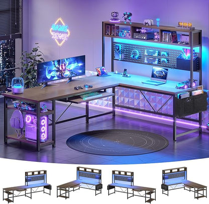 SEDETA L Shaped Desk, 94.5 Inch Office Desk with Power Outlet & Pegboard, L Shaped Desk with Led Light, Keyboard Tray, Storage Shelves and Headphone Hook for Home Office, Walnut Brown