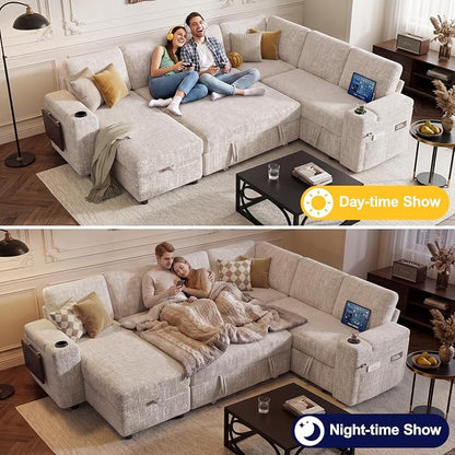 Vipbear Premium 86" Modular Sectional Sleeper Sofa, 5 Seat Sleeper Sofa with Pull Out Bed, L Shaped Couch with Storage Chaise|USB Ports|Cup Holders|Storage Armrests|Side Table, White